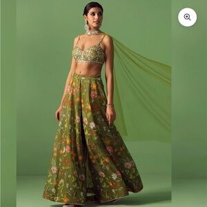 Olive Floral Printed Chiffon Pant Set